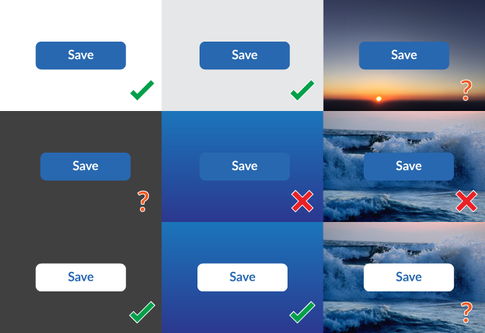Buttons shown on a variety of backgrounds, some with poor contrast