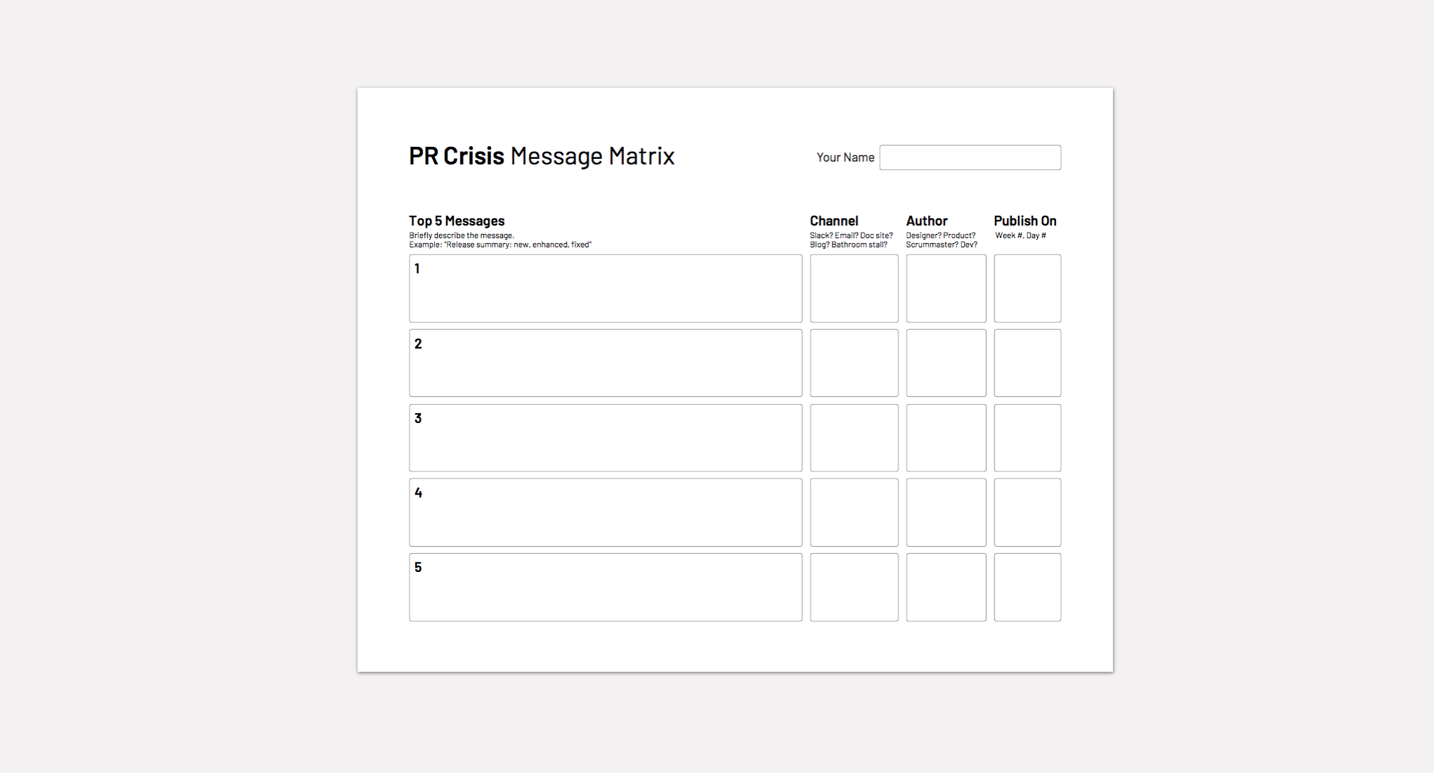 Paper template for message matrix of a PR crisis