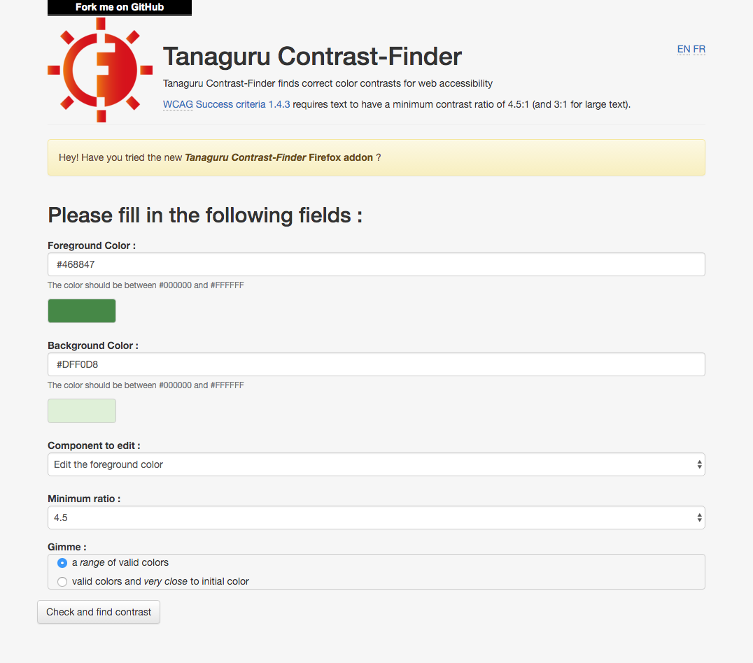 A screenshot of the Tanaguru color contrast finder