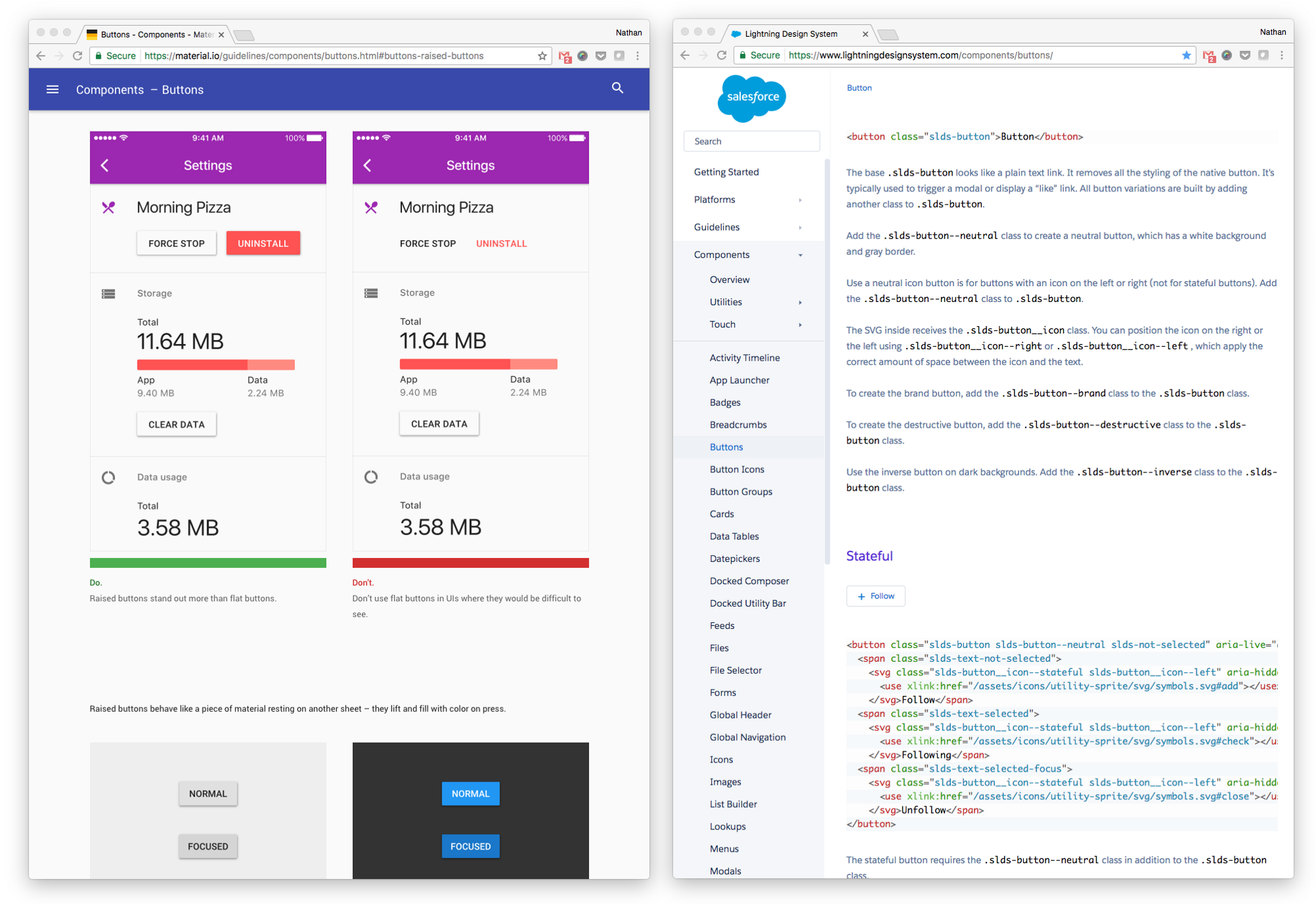 Google Material and Salesforce Lightning button documentation