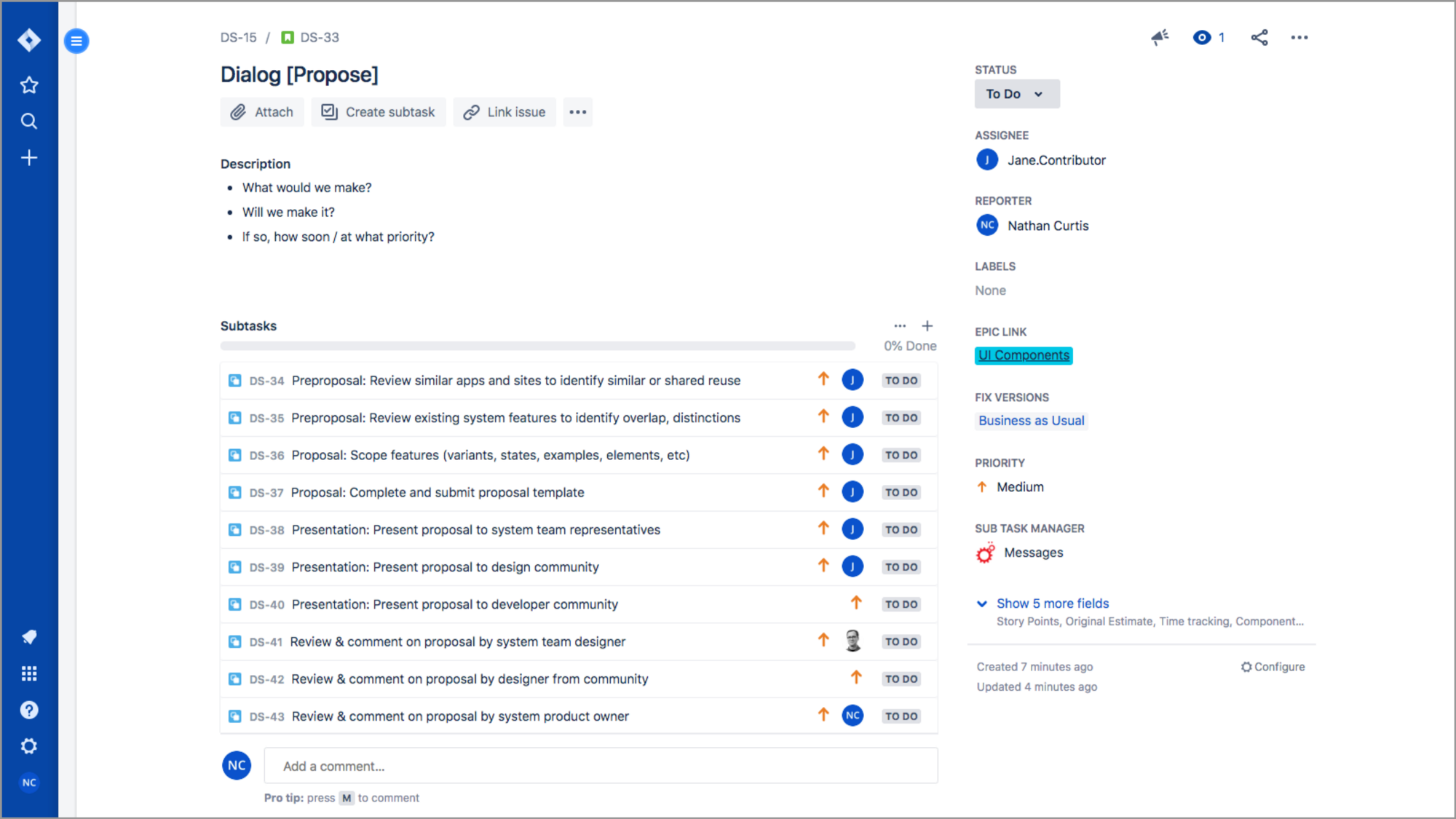 Propose story, with subtasks generated and assigned