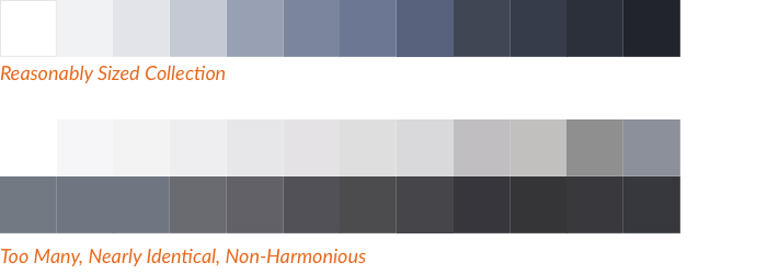 Color grid of some and then many neutral grays included in a design system