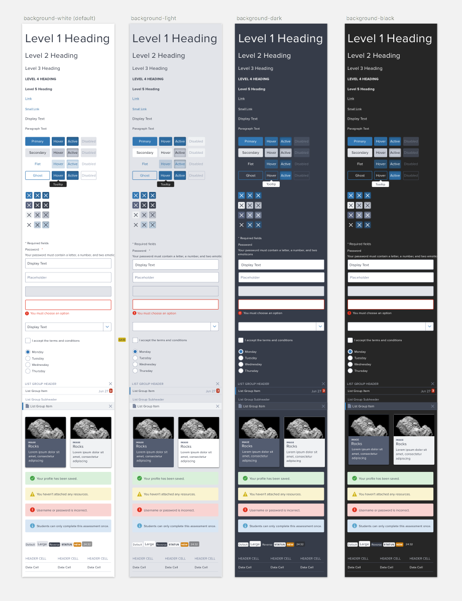 Sketch artboards of component designs across light and dark color themes