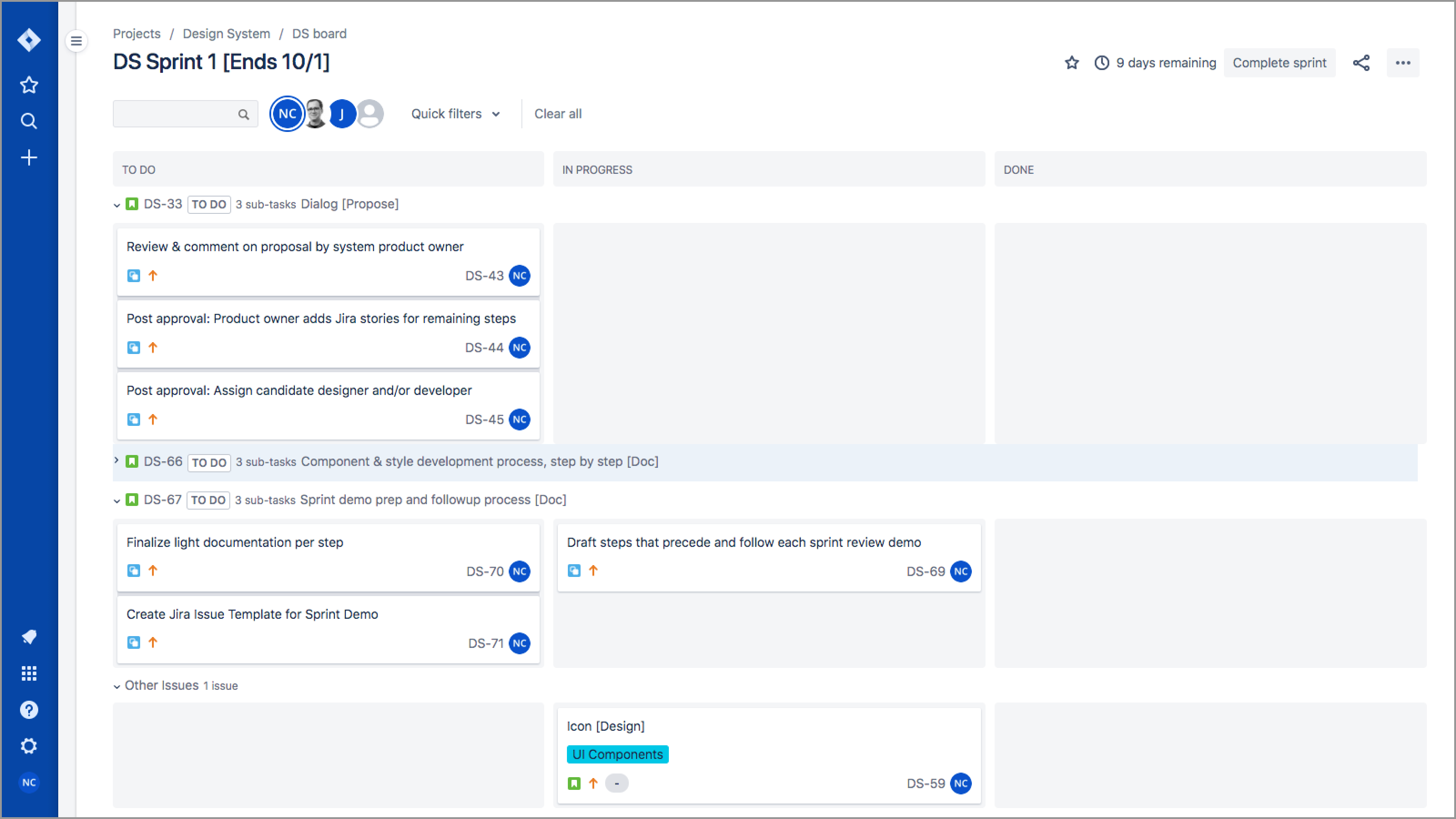 Jira’s Active Sprints view of To Do, In Progress, and Done