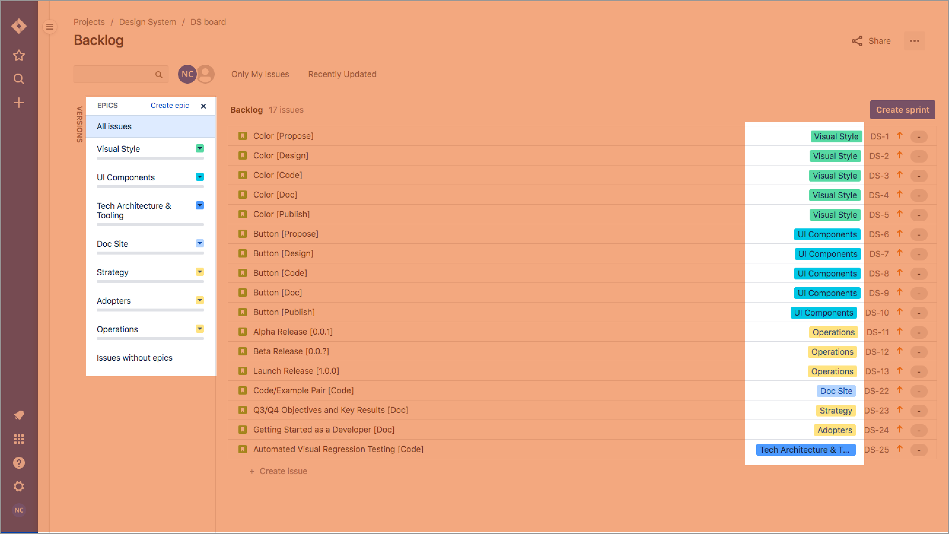 Jira epics set up for a formative period of a design system