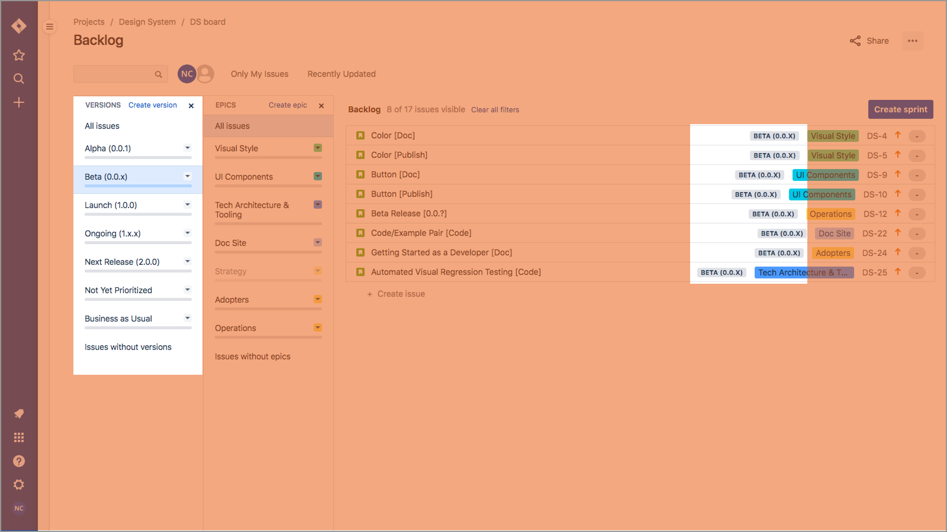 Jira versions across a range of releases and business-as-usual