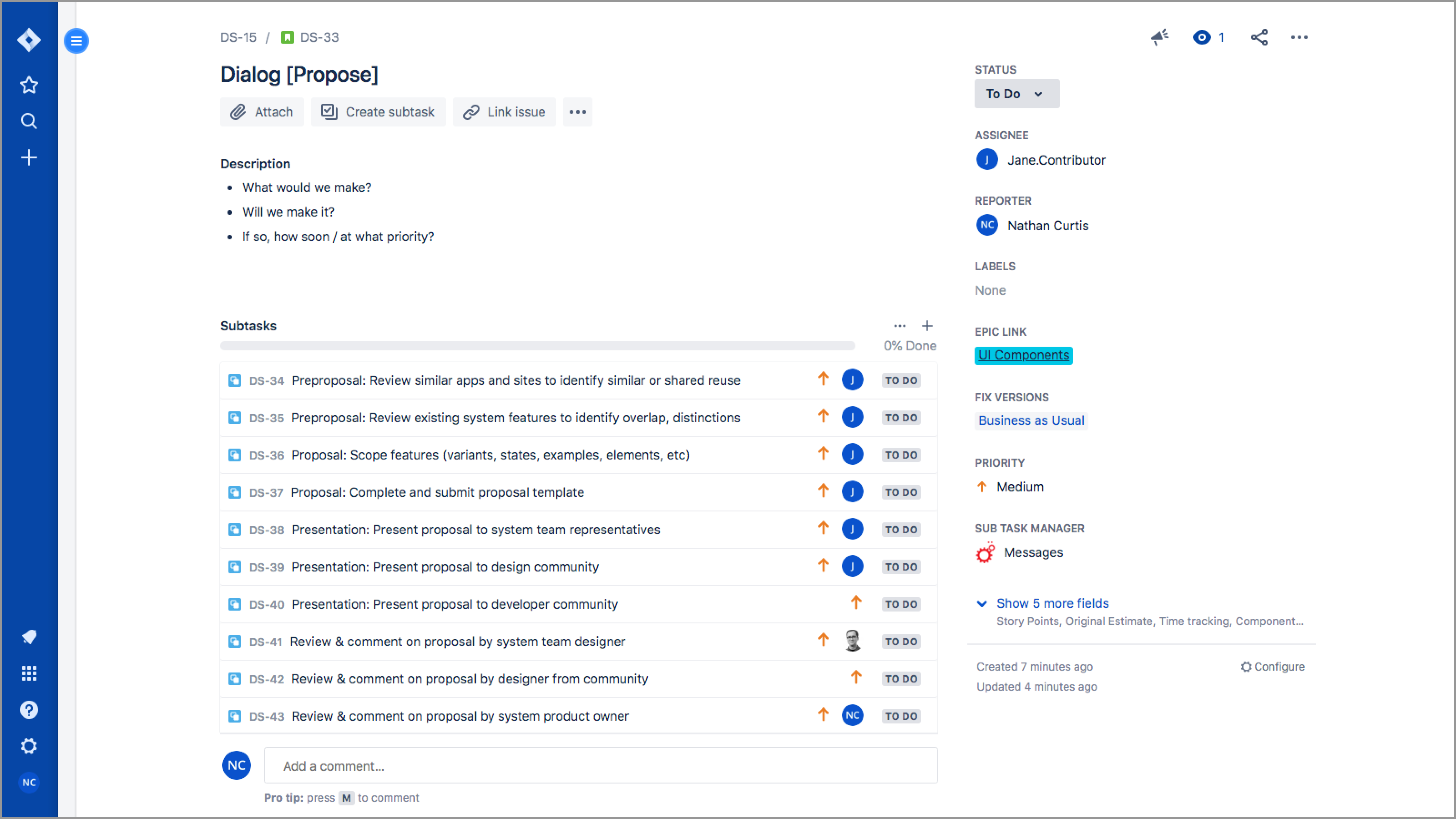 Propose story, with subtasks generated and assigned